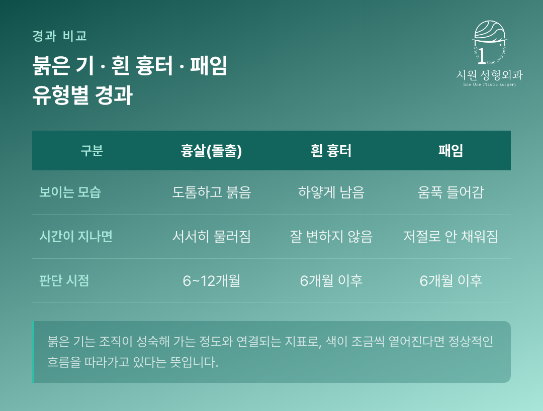 앞트임 흉살과 흰 흉터, 패인 흉터의 경과가 어떻게 다른지 비교한 표