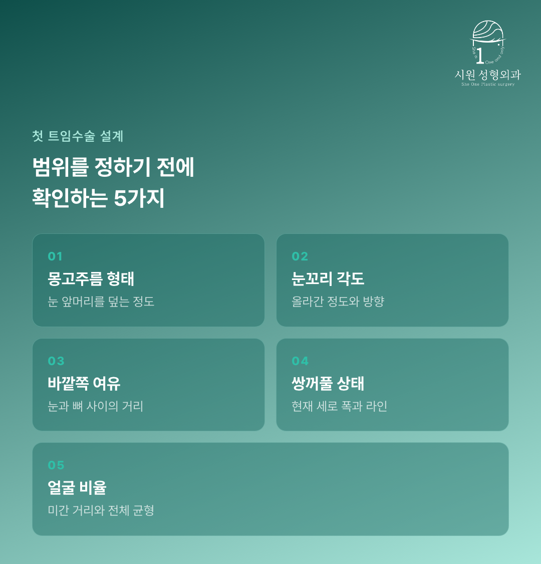 첫 트임수술 범위를 정하기 전에 확인하는 다섯 가지 항목을 정리한 카드