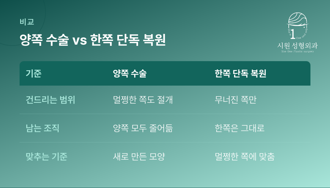 뒤트임복원을 양쪽에 하는 경우와 한쪽만 하는 경우를 비교한 표