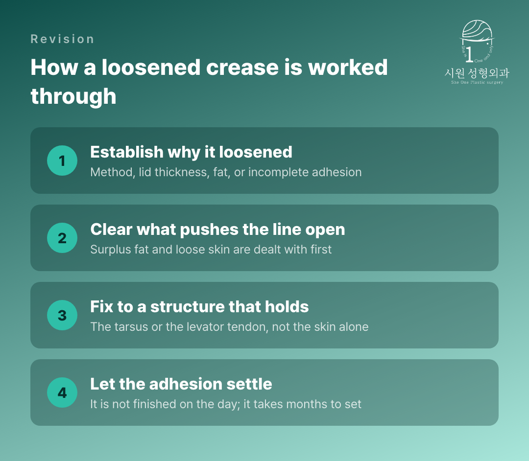 The four stages of revising a crease that has loosened