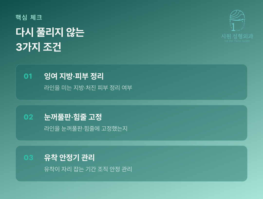 쌍꺼풀 라인 재발을 막는 핵심 조건 세 가지를 정리한 카드 이미지