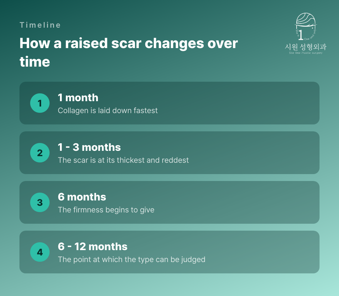 How a raised inner-corner scar changes at one, three, six and twelve months
