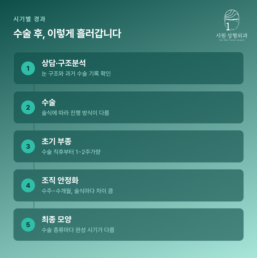 눈 재수술 상담부터 조직 안정화까지의 경과 단계를 보여주는 다이어그램