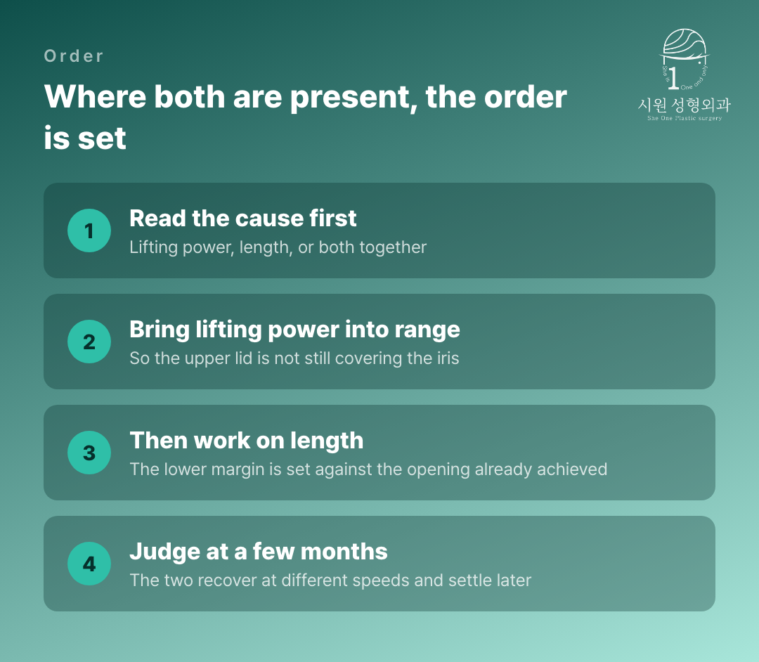 The order in which ptosis correction and a lower-corner opening are planned